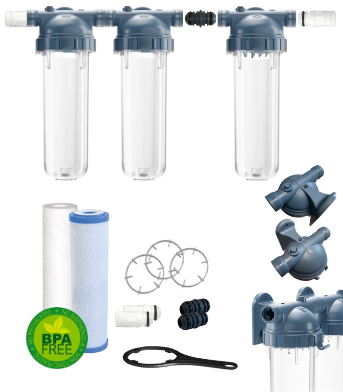 Dreifach-Wasserfilter mit 3 Filtergehäusen 10 Zoll für Regenwasser, Bohrloch-, Brunnen- oder Quellwasser